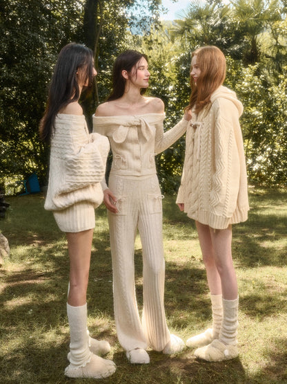 Velvet Bunny Wool Cloud Off-Shoulder Knit Cardigan &amp; Pants Set