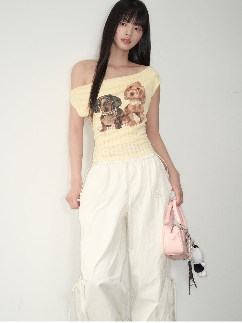 Puppy Print Off-Shoulder Tee
