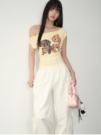 Puppy Print Off-Shoulder Tee