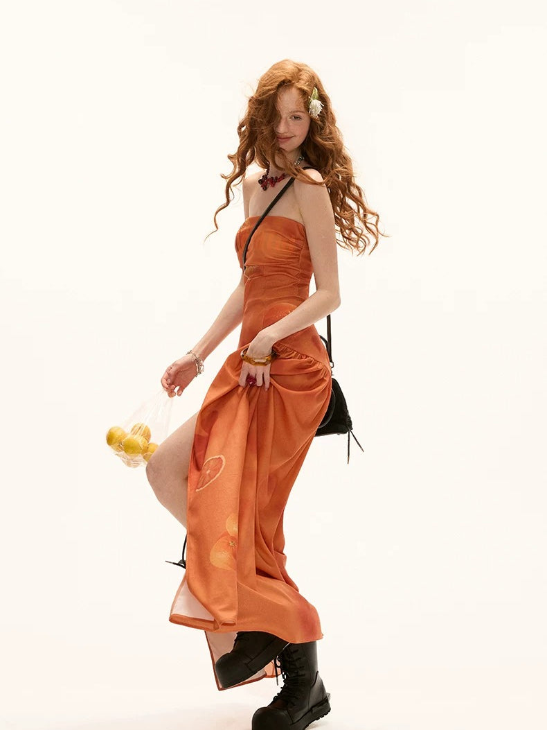 Orange Strapless Slit A-Line Dress