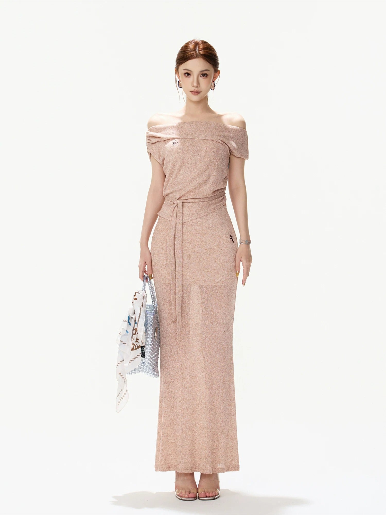 Pink Off-Shoulder Knit Top &amp; Skirt Set