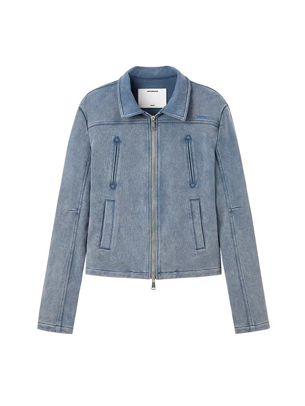 Classic Moto Collar Washed Cotton Knit Jacket