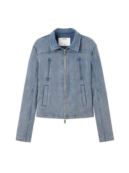 Classic Moto Collar Washed Cotton Knit Jacket