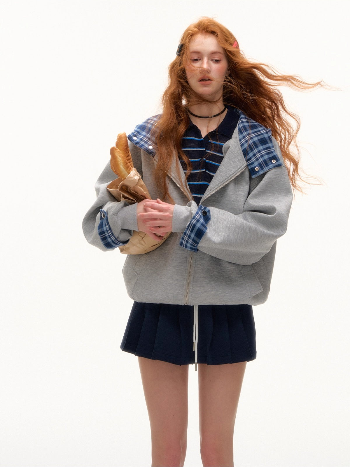 Plaid Patchwork Hoodie Cardigan