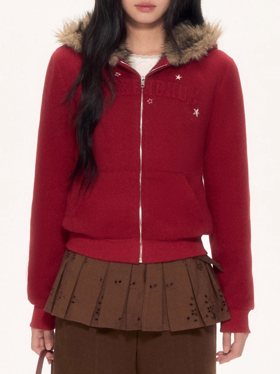 Red Fur Trim Hooded Fitted Cardigan