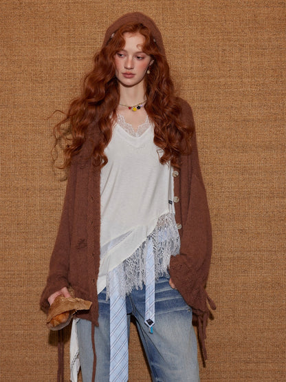 V-Neck Floral Tie Wool-Blend Knit Cardigan