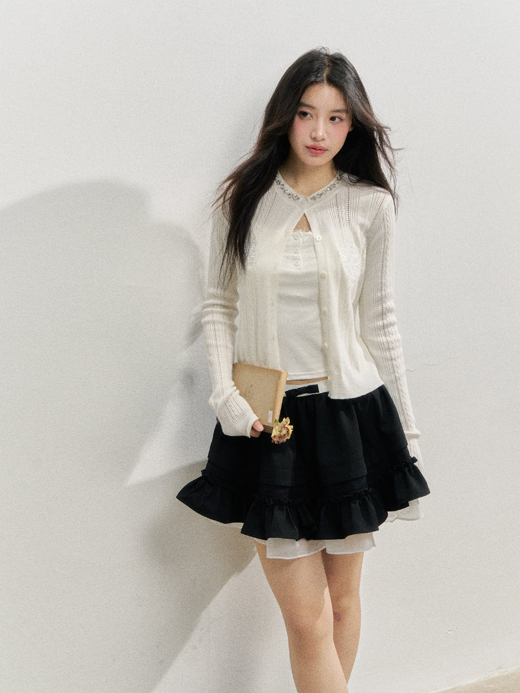 Handmade Rhinestone Collar Rose-Embroidered Knitted Cardigan