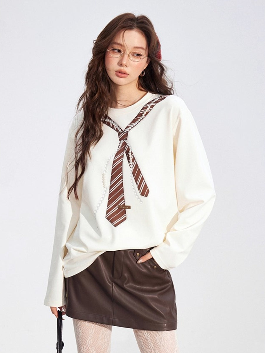 Pearl-Tie Printed Loose Long-Sleeve T-Shirt