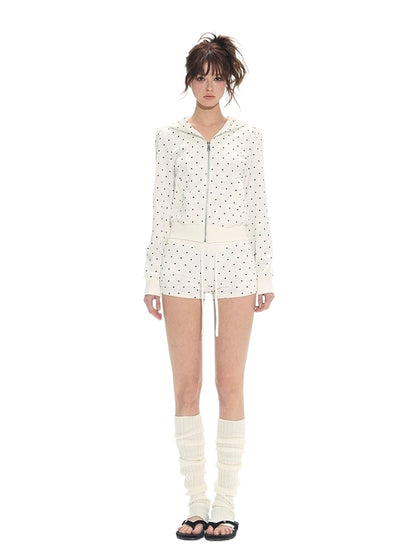 Polka Dot Slim Hoodie &amp; High-Waist Shorts Set