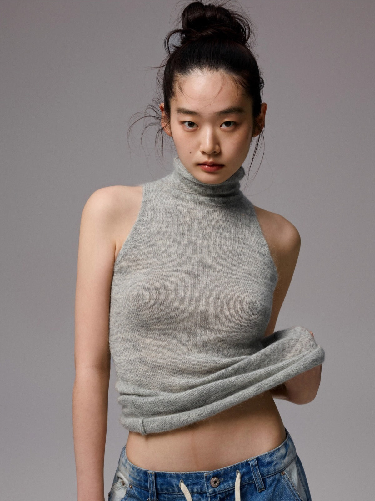 Solid Mohair High-Neck Sleeveless Vest