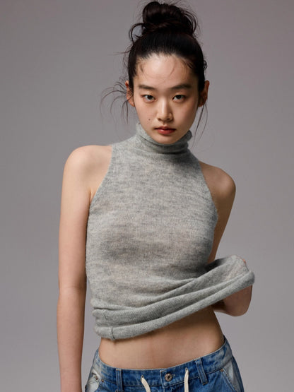 Solid Mohair High-Neck Sleeveless Vest