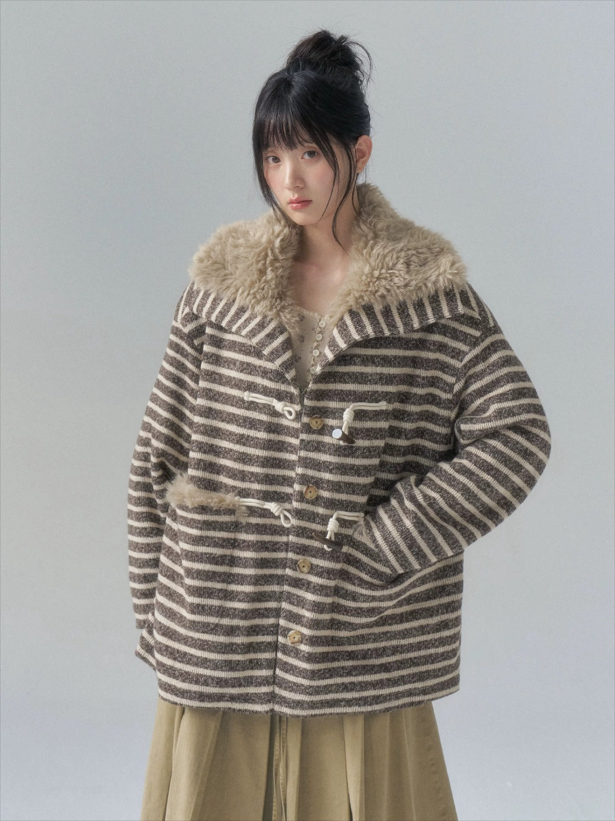 Striped Horn-Button Collar Coat