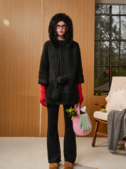 Hooded Faux-Fur Knit Cape Dress