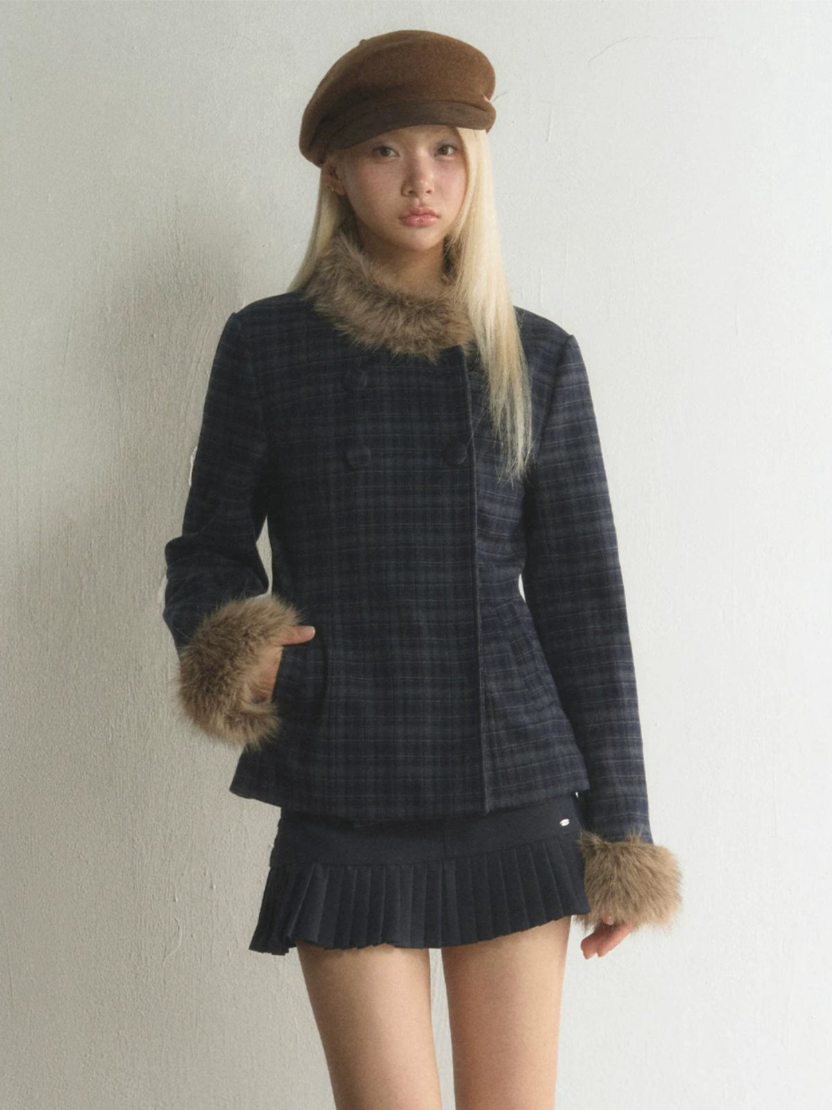 Plaid Fur-Trimmed Double-Breasted Jacket