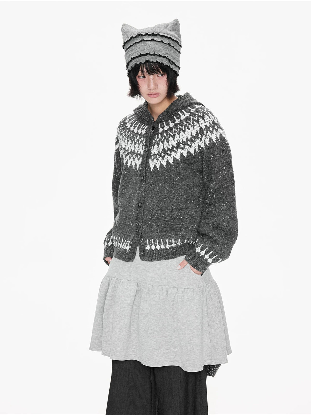 Fair Isle Hooded Knit Cardigan