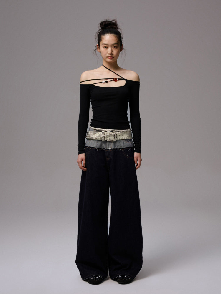 Double Waistband Raw Denim Wide-Leg Jeans