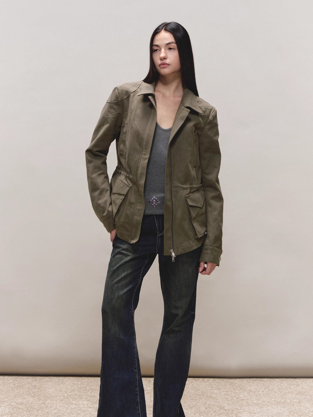 Diamond-Quilt Contrast Hunter Jacket