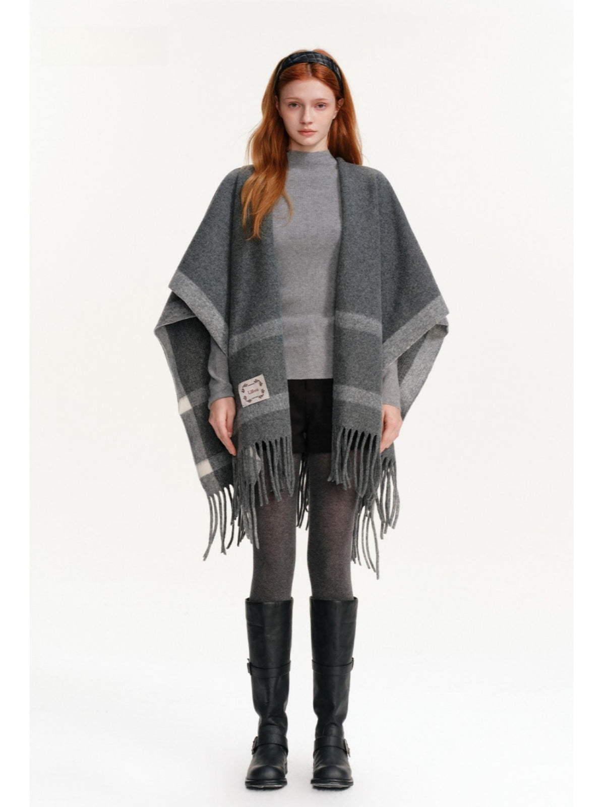 Contrast Plaid Fringed Knit Shawl