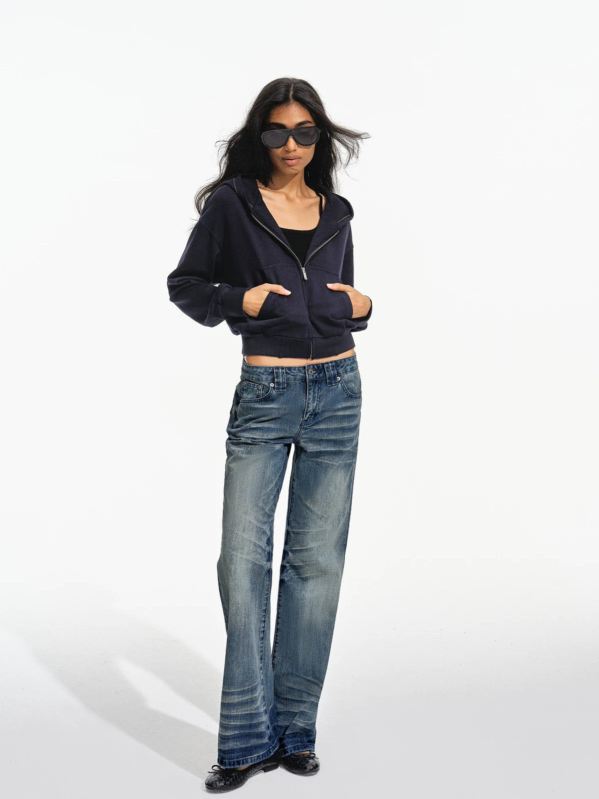 Wheat Embroidered Cropped Zip Hoodie