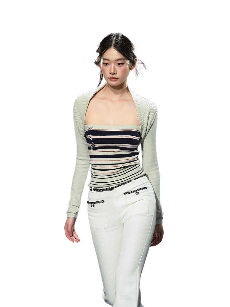 Striped Contrast Hand-Sewn Button Tube Top &amp; Shrug Set