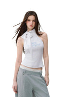 Contrast-Letter Bow-Tie Halter Top