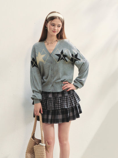 Single-breasted Star Argyle Knit Cardigan
