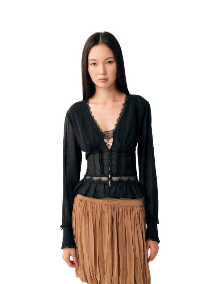 Black Lace Drawstring Cardigan