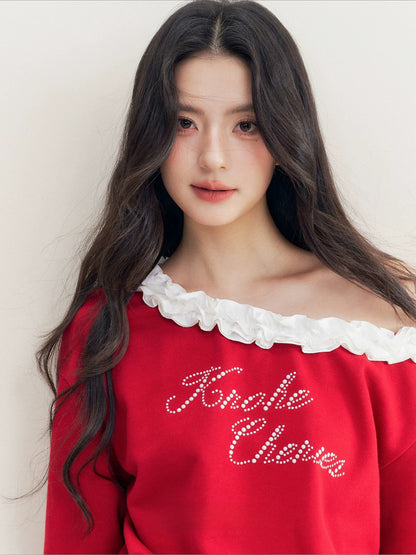 Red Pearl Ruffle Off-Shoulder Sweatshirt