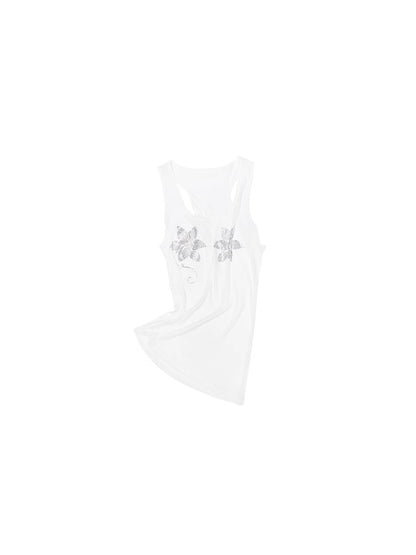 Floral Rhinestone Semi-Sheer I-shaped Tank Top