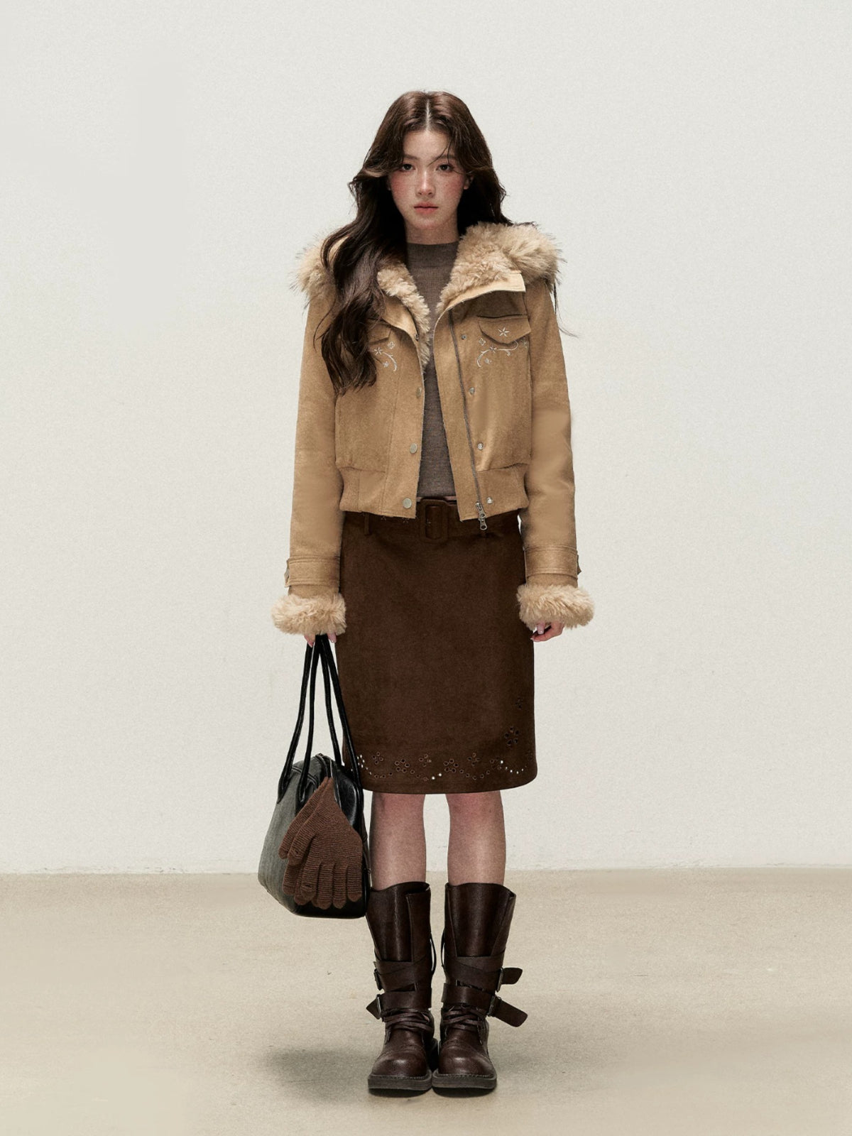 Embroidered Faux Suede Hooded Jacket