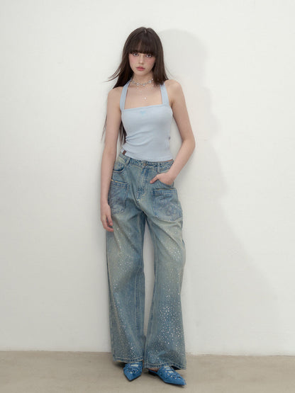 3D Rhinestone Wide-Leg Denim Pants