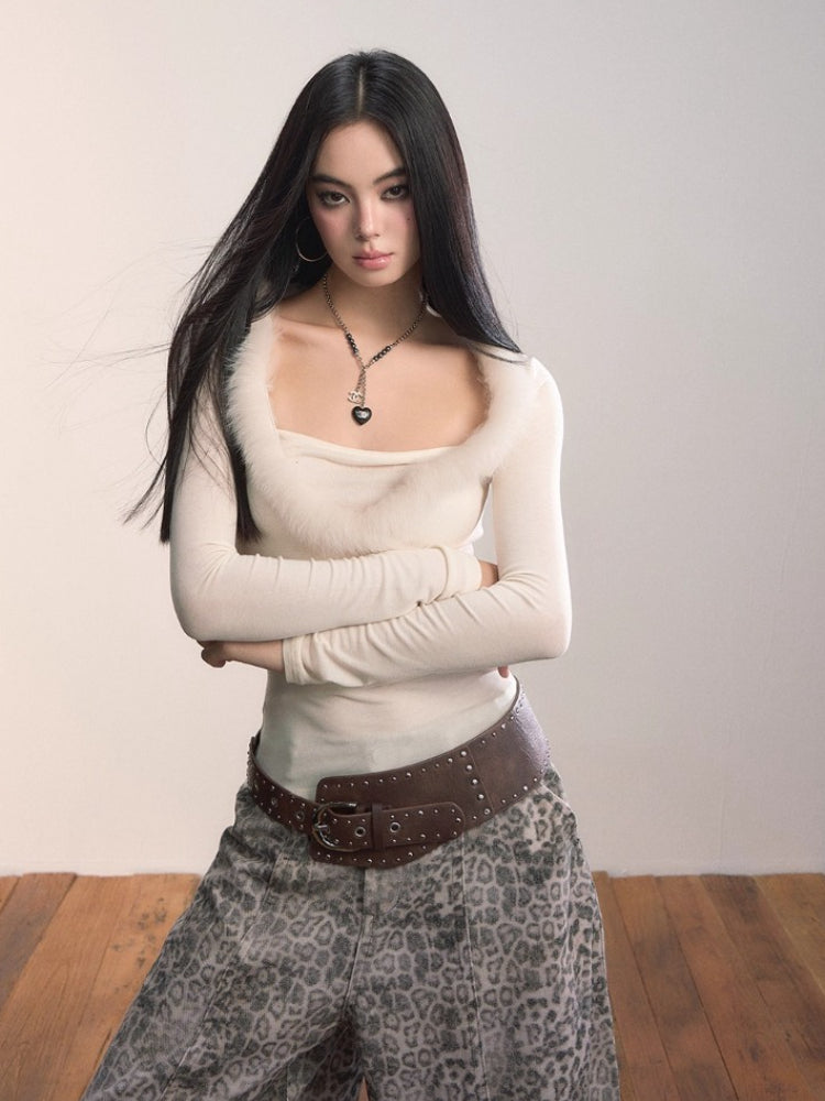 Patchwork Fox Fur Knit Top &amp; Fur Scarf Set