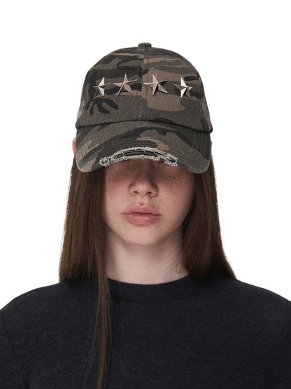 Distressed Star Studded Camouflage Baseball Cap