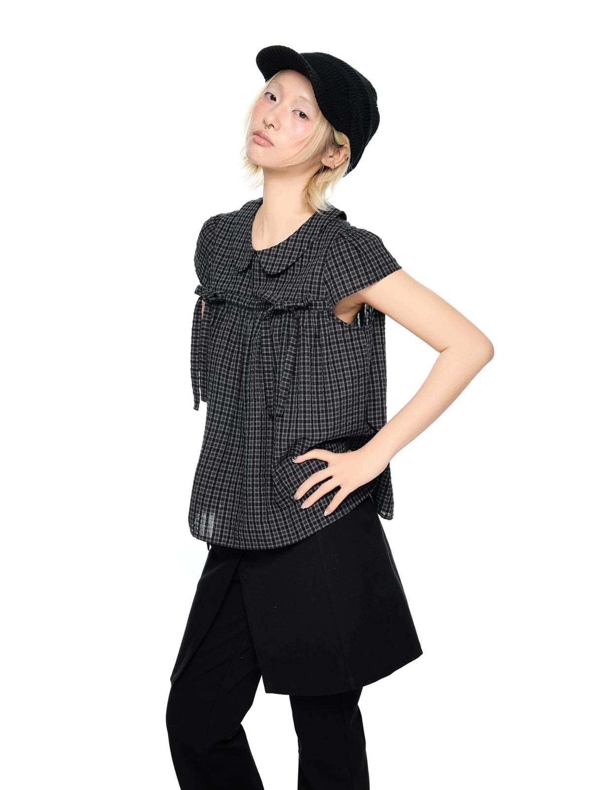 Plaid Collar Tie Blouse