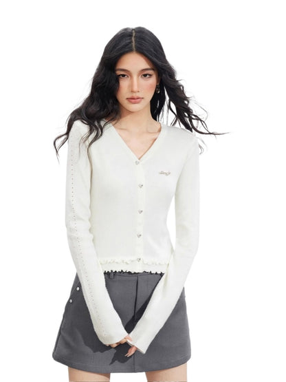 Lace-Trim Slim Knit Cardigan