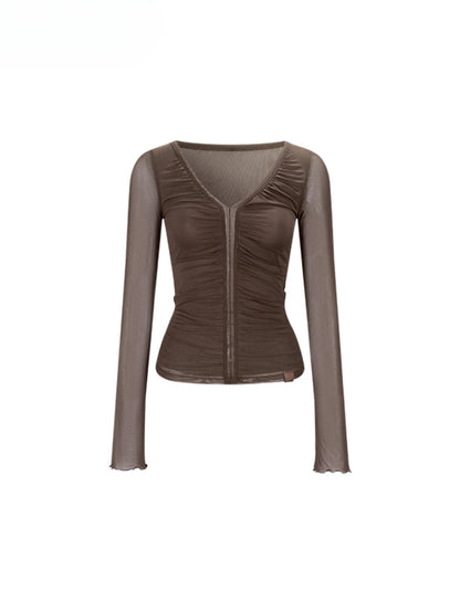 V-Neck Ruffled Mesh Slim Long-Sleeve Blouse