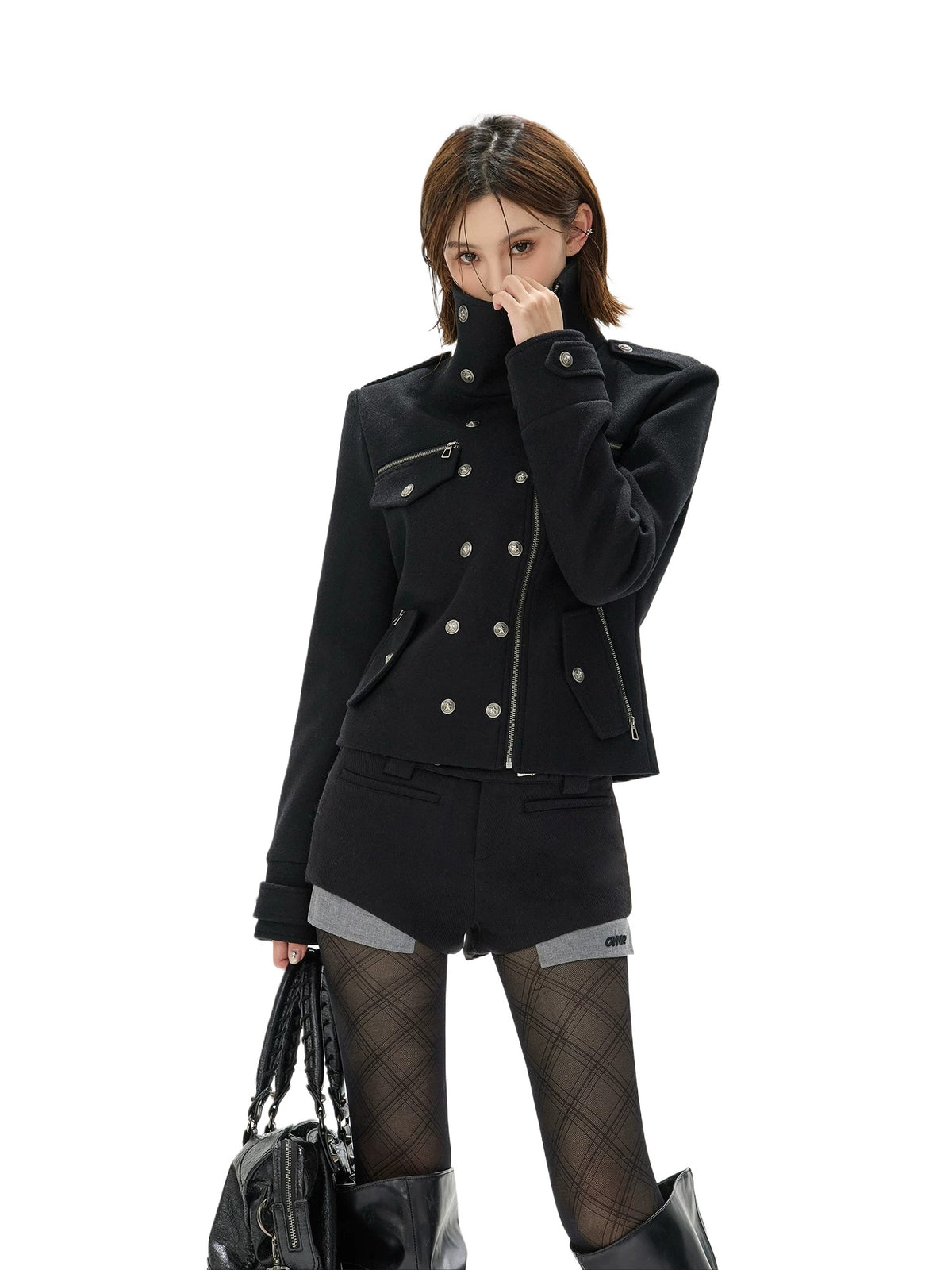 Black Double-Breasted Stand Collar Biker Jacket