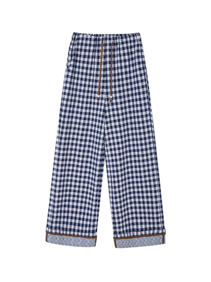 Blue Checkered Cuffed Wide-Leg Pants