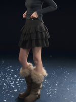 Lace-Panel Velvety Tiered Skirt