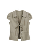 Tie Waist Puff Sleeve Short Blouse