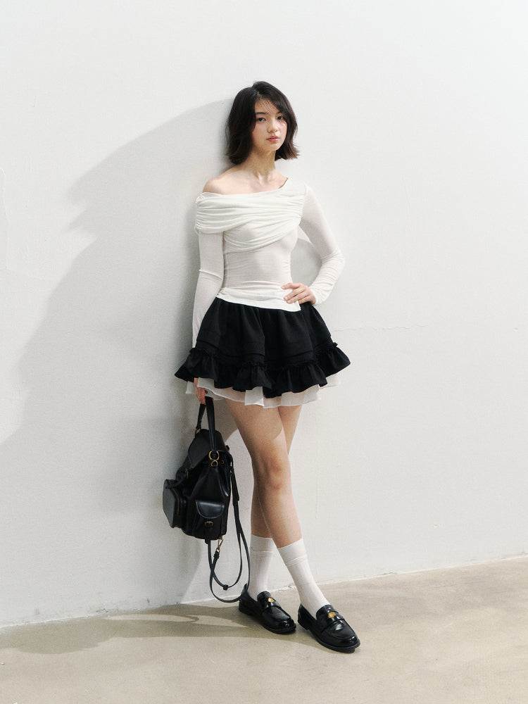 Asymmetric Shoulder Voluminous Ruched T-Shirt