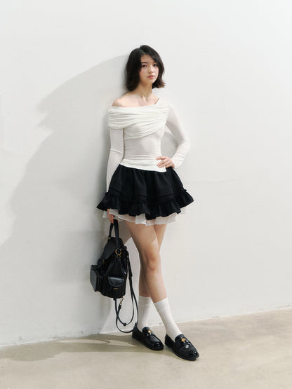 Asymmetric Shoulder Voluminous Ruched T-Shirt