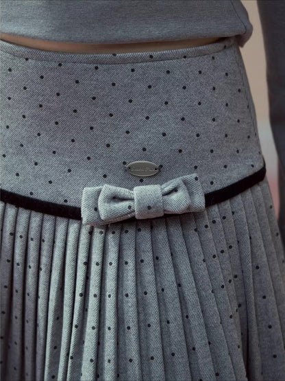 Polka-Dot Bow Pleated Skirt