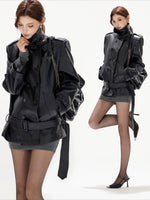 Black Stand Collar Belted Leather Jacket