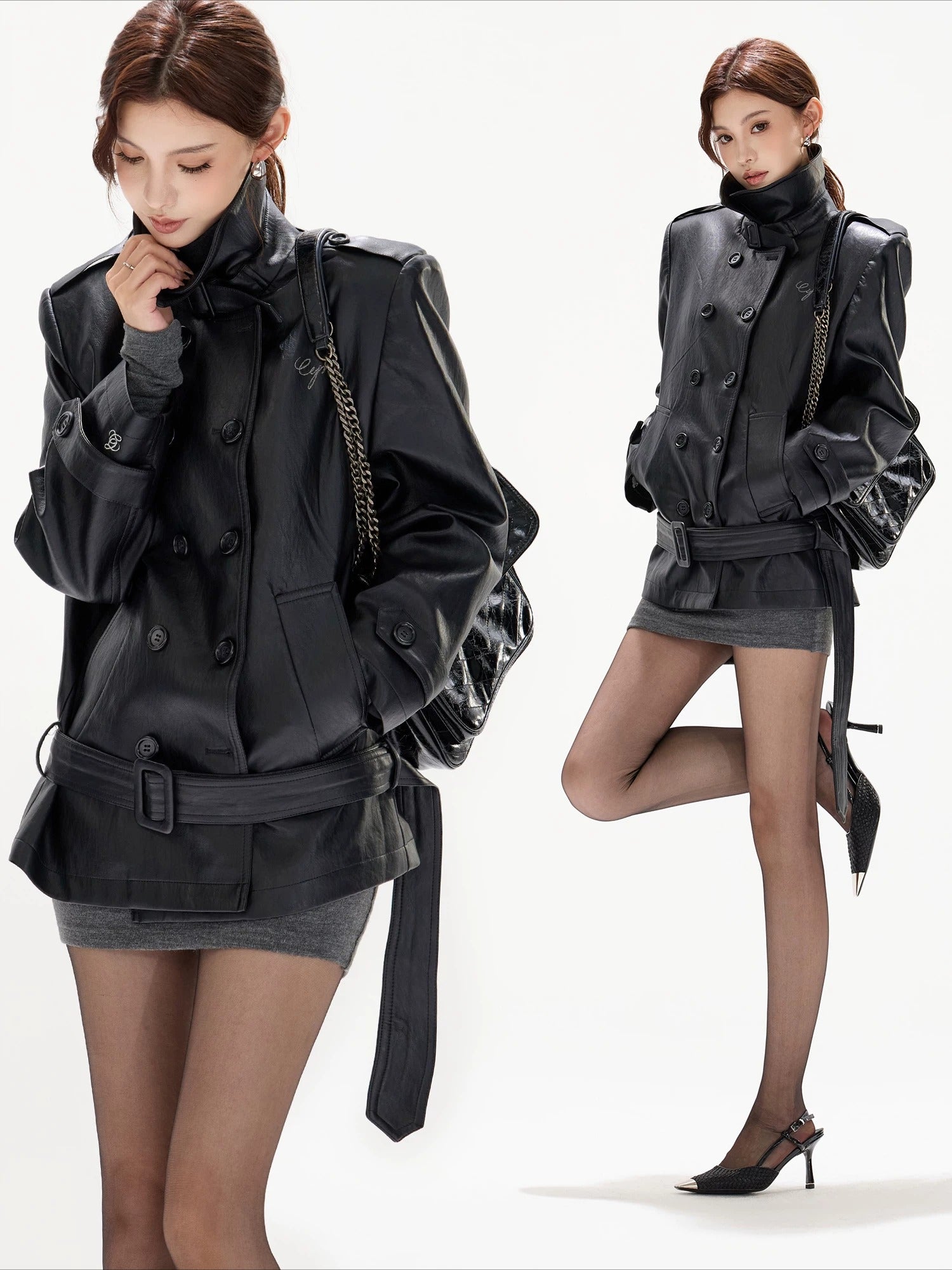 Black Stand Collar Belted Leather Jacket