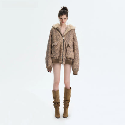 Leopard Printed Faux Fur Hooded Jacket