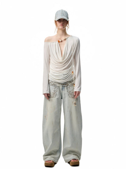 Beaded Cowl Neck Off-shoulder Long-sleeve Tunic