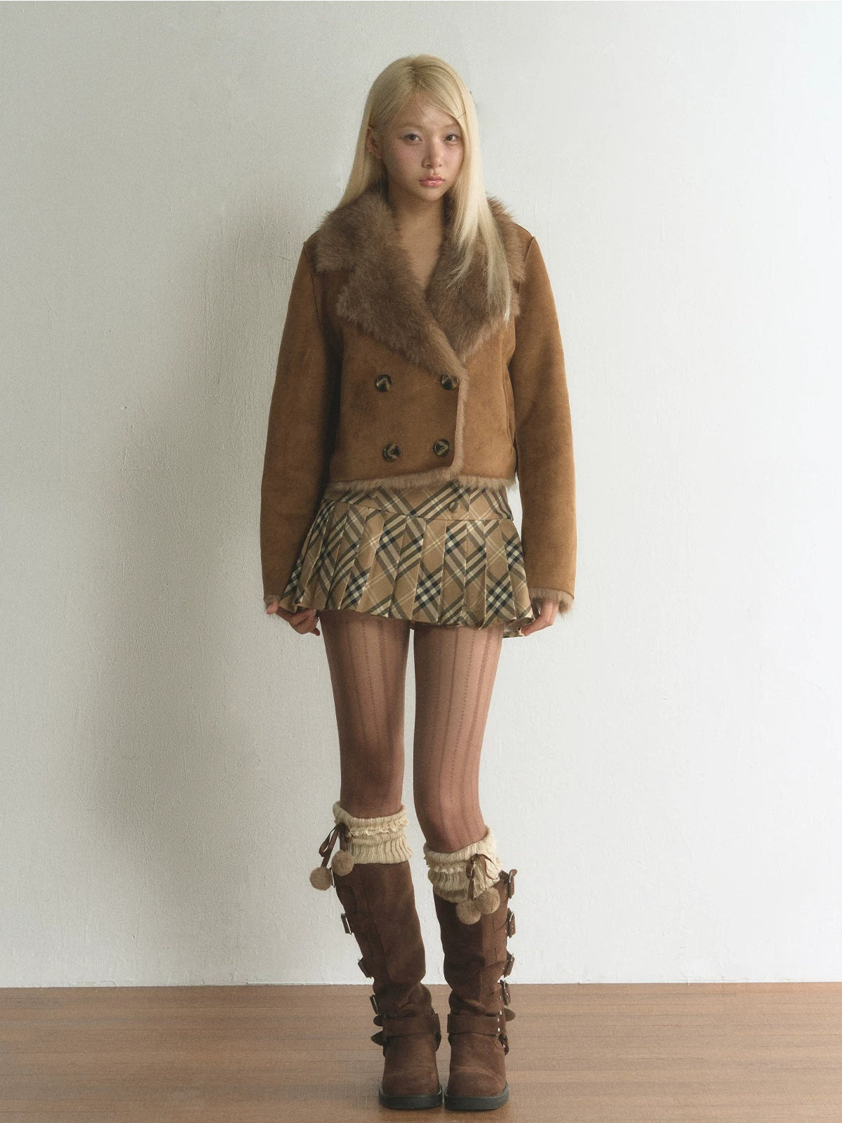 Double-Breasted Faux Suede Fur Jacket