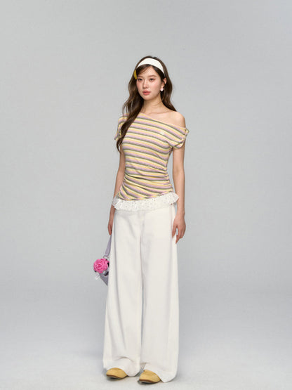 Striped Lace-Spliced Asymmetric-Shoulder T-shirt