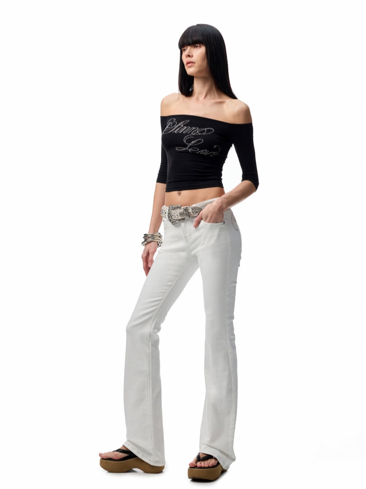 One-Shoulder Rhinestone Acetate Slim T-shirt